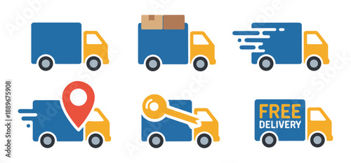 Blue and yellow delivery trucks set for express shipping fast transport logistics with boxes map key free