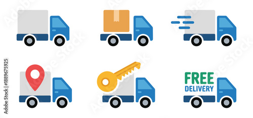 Modern delivery trucks icons in blue and grey with boxes map key free delivery for swift cargo transport fast