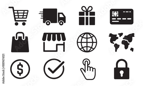 E-commerce icons including shopping cart, truck, gift box, credit card, store, globe, dollar sign and padlock