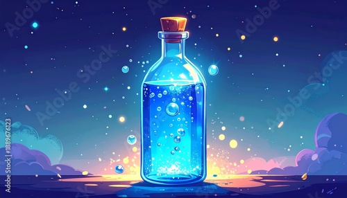 A magical glass bottle filled with glowing blue liquid and bubbles against a starry night sky.