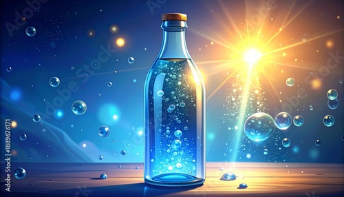 Glass bottle of sparkling water on a wooden surface with bubbles and sunlight.