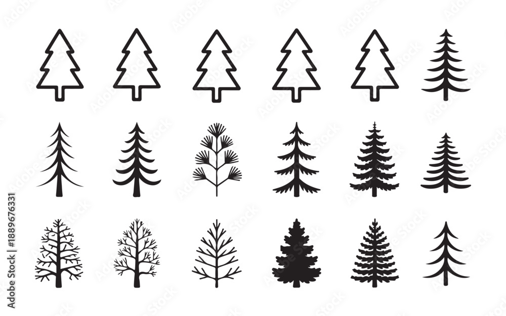 Obraz premium Set of various pine and christmas trees, evergreen forest trees, conifer plants in different styles vector