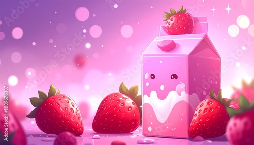 Pink strawberry milk carton surrounded by fresh strawberries.