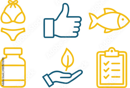 Bikini, thumbs up, fish, medicine bottle, eco hand, checklist icons, lifestyle, health, environment, planning, supplement, seafood, swimwear, sustainability, approval, organization, marine