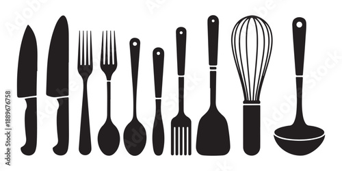 Kitchenware silhouettes with various cooking utensils including knives, forks, spoons, and whisks