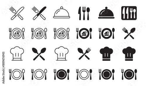 Restaurant icons set with cutlery chef hat plates and food domes for menu design and catering service branding