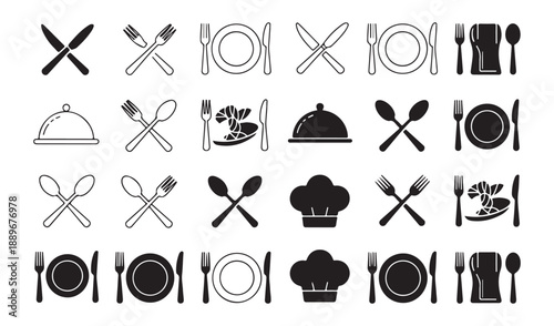 Chef hat and cutlery icon set for restaurant branding with plates and food service symbols for menu layout use