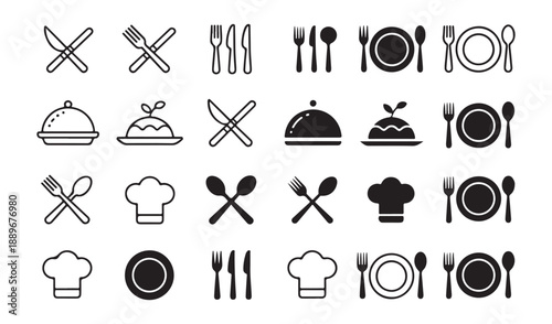 Restaurant flatware and dining icons set with chef hats and kitchen utensils symbol vector illustration