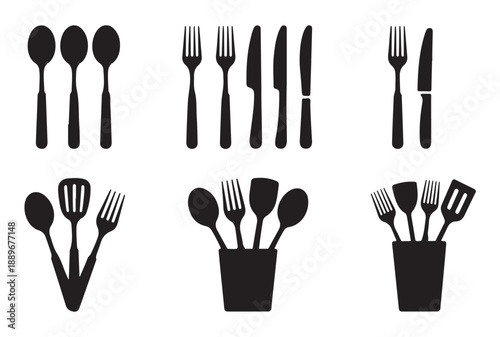 Set of silhouettes of cutlery, different types of spoons, forks, knives and kitchen utensils