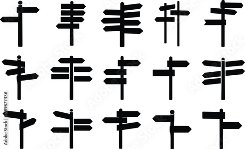 Black silhouette directional signpost icons, navigation arrows, road signage, wayfinding symbols, vector set, isolated, graphic design