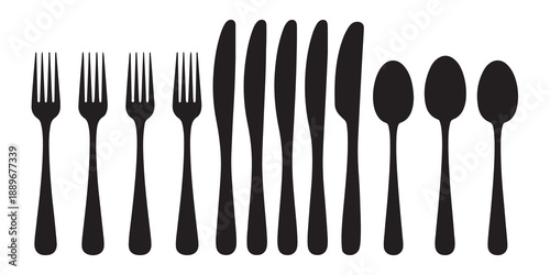 Set of black silhouette cutlery including forks knives and spoons arranged in order on white background vector