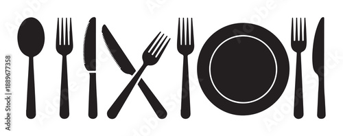 Table setting illustration black silhouette cutlery plate crossed fork knife on white background vector