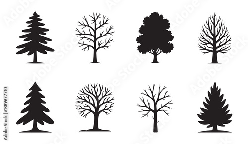 Set of deciduous and coniferous tree silhouettes for seasonal change projects and forestry concept design art