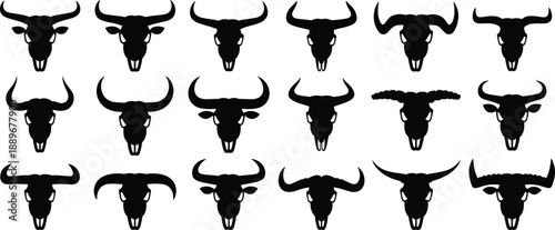 Bull head silhouettes, horn shapes, animal icons, vector clipart, black graphic, cattle design, livestock symbol, strong illustration