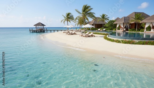 Tropical island paradise with clear turquoise water, beach, bungalows, and palm trees under blue sky
