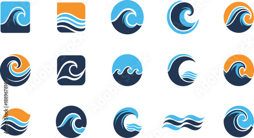 Ocean Wave Logo Vector Set with Abstract Water Symbols in Blue and Orange for Branding Surf Apps Coastal Businesses and Modern Graphic Design Projects