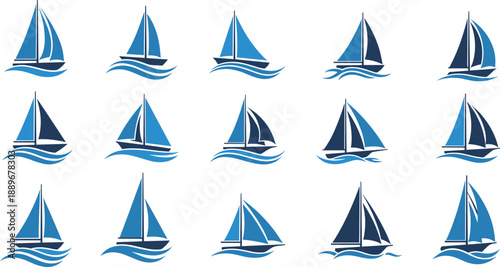 Sailboat Icon Vector Set with Blue Yacht and Wave Symbols for Nautical Marine Travel Branding Apps Logos and Modern Graphic Design Projects