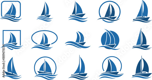 Sailboat Logo Vector Set with Blue Yacht and Wave Symbols in Frames for Nautical Marine Branding Travel Apps and Modern Graphic Design Projects