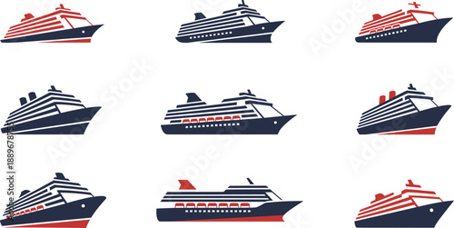 Cruise Ship Vector Set with Modern Passenger Liner Icons in Multiple Angles for Travel Tourism Maritime Transport and Shipping Design Projects