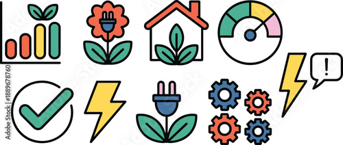 Energy icons, sustainability symbols, eco-friendly graphics, green power, elect