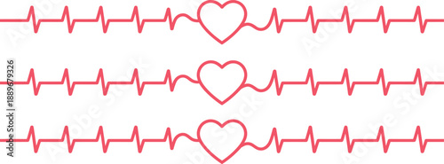 Heartbeat icon set, ECG line, heart shape, cardiology, health symbol, love, pink, waveform, medical, pulse, rhythm, graphic, minimal design, UI element, wellness, heartbeat trace, healthcare, emotion