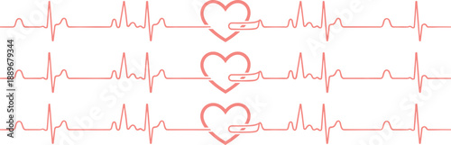 Heartbeat waveform with heart icon, ECG line, medical care, healing symbol, love, health, red vector, flat design, emotional recovery, romantic theme, bandaged heart, cardiology, pulse