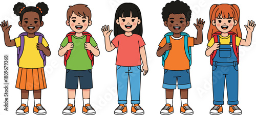 Diverse group of happy school children waving and wearing backpacks, inclusive kids illustration representing friendship, education, childhood diversity, teamwork, and positive learning environment 