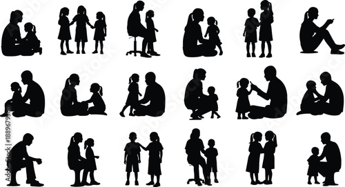 Silhouetted adult and child interactions in various poses, showing parenting, caregiving, emotional bonding, support, and education themes
