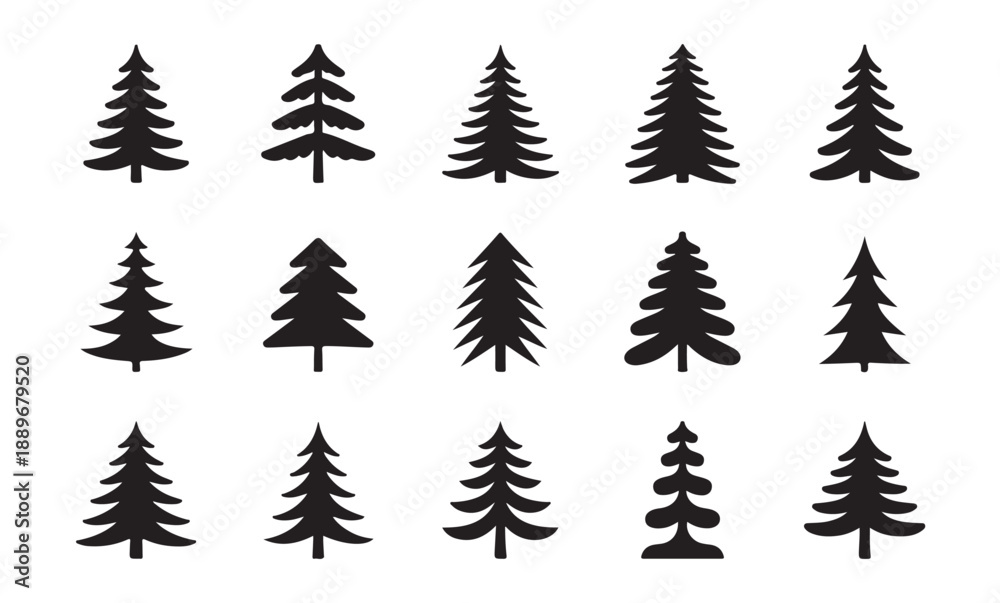 Obraz premium Collection of 15 black pine tree icons simple design for holiday projects and winter landscapes
