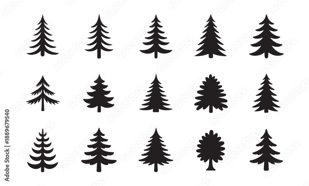 Fototapeta premium Various stylized fir and pine tree icons for nature and forest designs