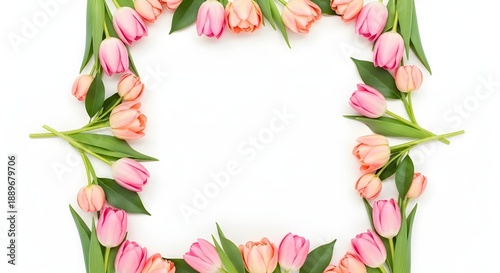 Pink tulip floral border frame with green leaves