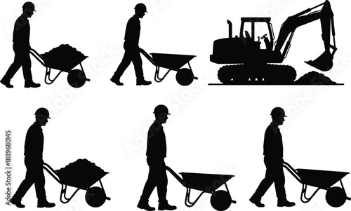 Silhouette construction workers pushing wheelbarrows with soil alongside excavator machine, showcasing manual labor, teamwork, heavy equipment, and industrial building process on white background