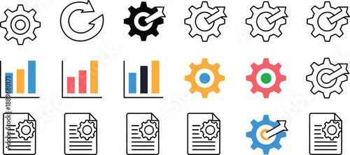 Settings icon set, update symbol, gear, refresh, analytics, chart, document, configuration, data, UI element, technical, arrow, bar graph, document gear, minimal design, colorful, software interface,
