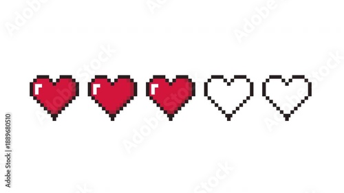 Animation of pixel game life bar. Vector art 8 bit health heart bar. Gaming controller, symbols set. Game over concept