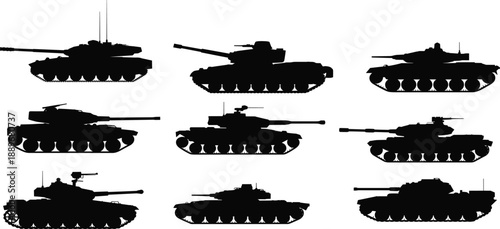 Tank silhouette icons, military vehicle set, armored design, war machine, turret profile, combat, weapon, army, defense, grid layout, black vector, side view, battlefield, warfare, illustration,