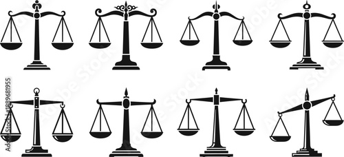 Collection of justice scale silhouettes representing law court balance fairness legal system and judiciary authority concepts