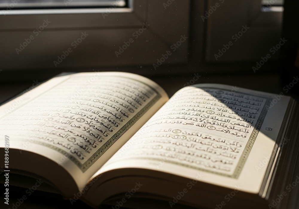 Obraz premium Sunlight illuminates the sacred Arabic text inside the open Holy Quran, suggesting prayer and quiet devotion.
