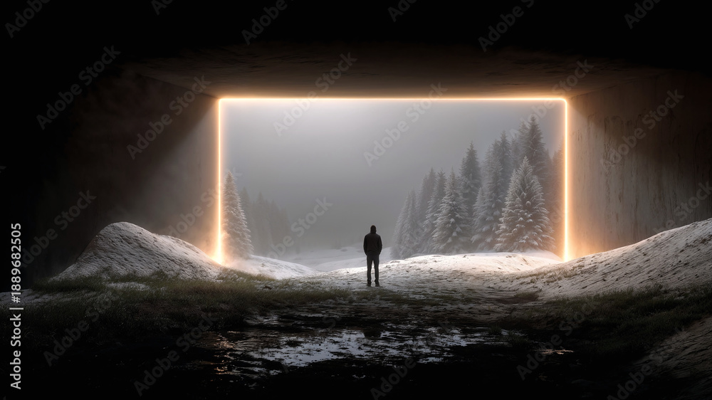 Obraz premium Abstract background silhouette and portal in the snow . Generative AI
