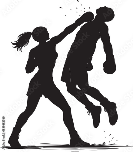 Female Boxer Knocking Out Opponent in Boxing Match Silhouette