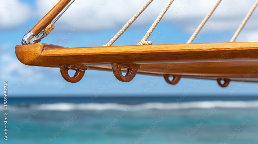 Fototapeta premium outrigger. Polished wooden outrigger boom and float on a blurred ocean background. mobility guides, transit brochures, designed for transport & logistics marketing, used by ui designers.