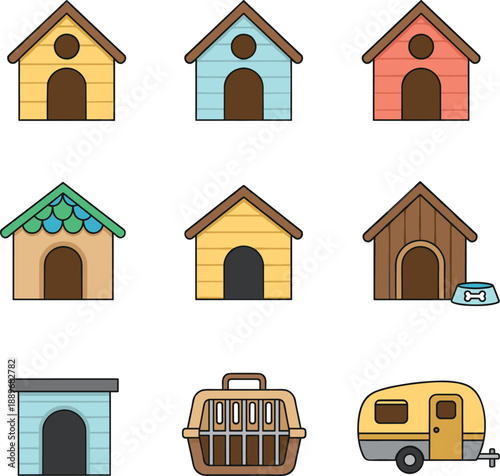 Pet house and accessories vector set with dog kennels carriers and travel trailer isolated on white for animal care shelter and veterinary design