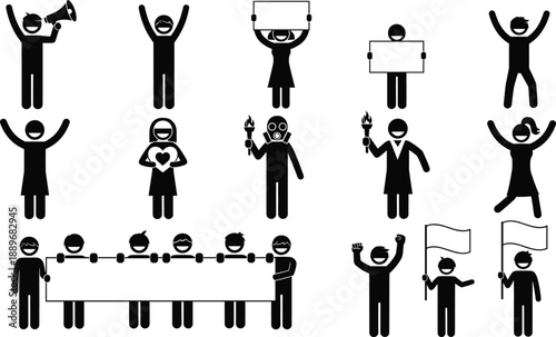 People protest and demonstration silhouette vector set with activists holding banners signs and megaphones isolated on white for social movement political and awareness design