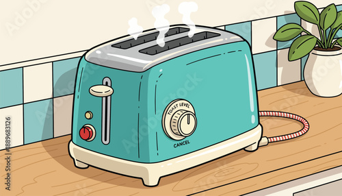 Vintage turquoise toaster on a wooden kitchen countertop with a potted plant and blue tiles emitting smoke