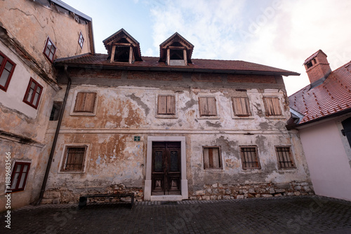 Škofja Loka historic town after rain in Slovenia
