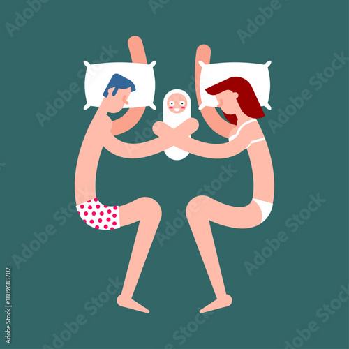 Two parents (a couple) and a baby sleeping in one bed. Represents co-sleeping, family sleep, parental love, and shared rest