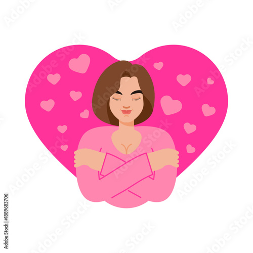 woman embracing herself with crossed arms, stylized within a large heart shape. Symbolizes self-love, self-care, and self-acceptance
