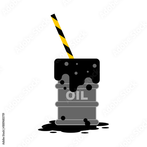 Barrel of crude oil with a drinking straw placed inside, stylized to appear as if the oil is spilling. Concept of energy consumption, addiction to fossil fuels, or environmental issues