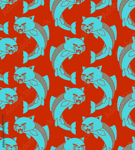 pattern with stylized catfish figures (fish with cat heads) in motion. Represents a hybrid creature, fantasy, or abstract animal motif
