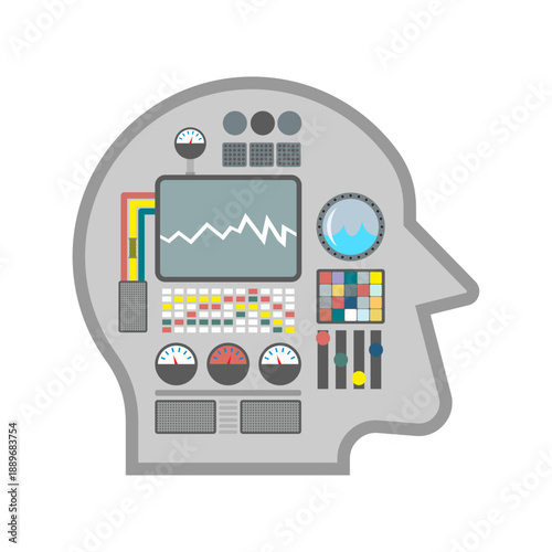 human head in profile, containing complex machinery and monitors. Concept of Artificial Intelligence (AI), mind control, mental health, or cognitive processing.