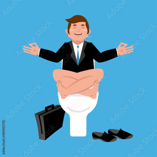 businessman in a suit performing a yoga pose while sitting on a toilet. Represents stress relief, mindfulness in unusual places, or finding balance in a busy life